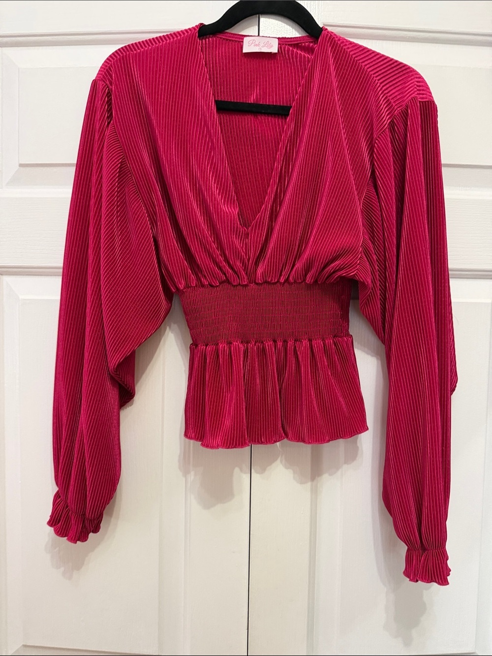 Pink Lily Fuchsia Ribbed Velvet V-Neck Smocked Waist Blouse